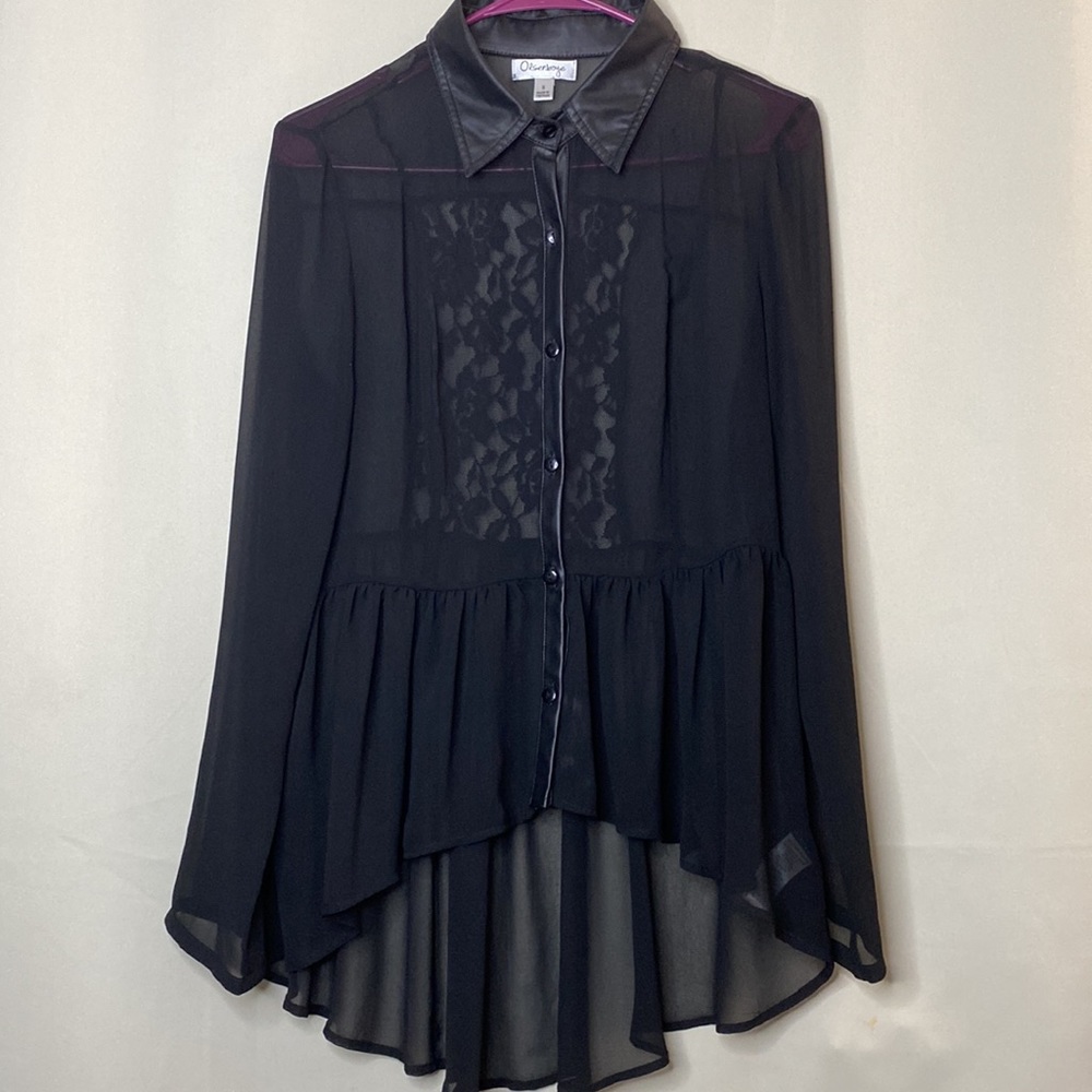 Olsenboye A Gorgeous Black Sheer Button Down Blouse with Faux Leather  - Size: S